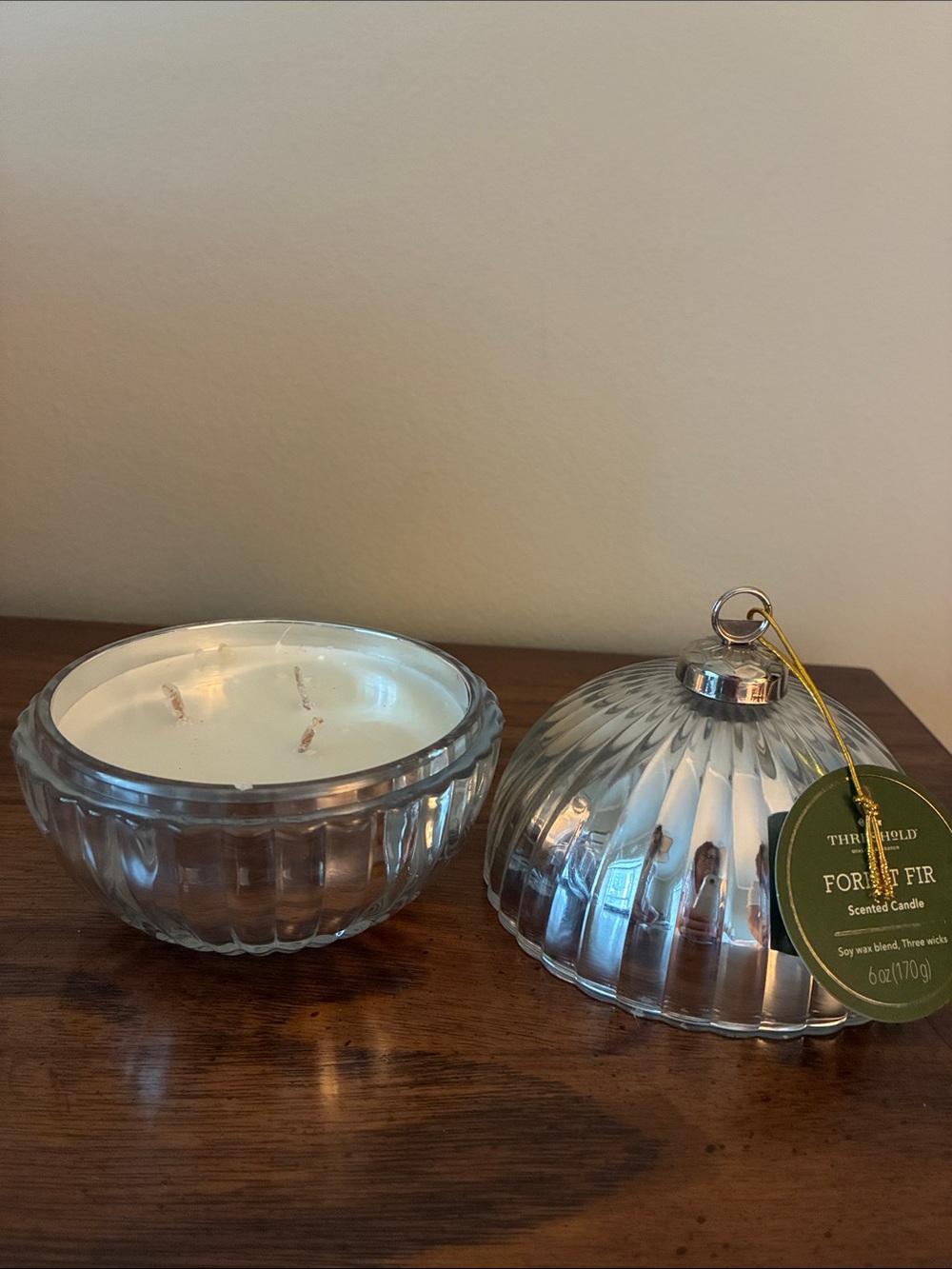 NWT - Threshold Silver Ribbed Glass Holiday Ornament  Candle Scented Forest Fir